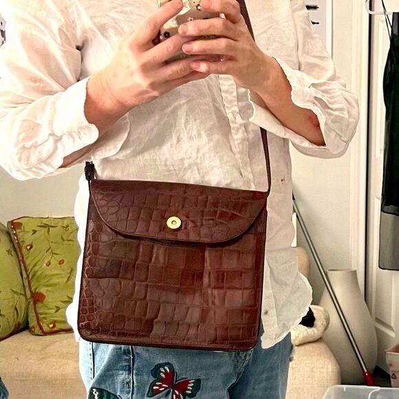 Vtg Joan & David Alligator Italy Brown Leather Lining Crocodile Crossbody Bag - Picture 2 of 12